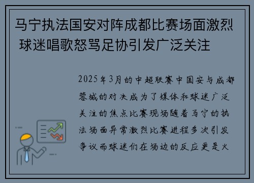 马宁执法国安对阵成都比赛场面激烈 球迷唱歌怒骂足协引发广泛关注